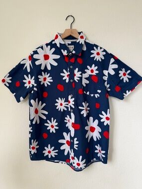 VSTR Premium Men's Navy Floral Short-Sleeve Button-Up Shirt Size XL